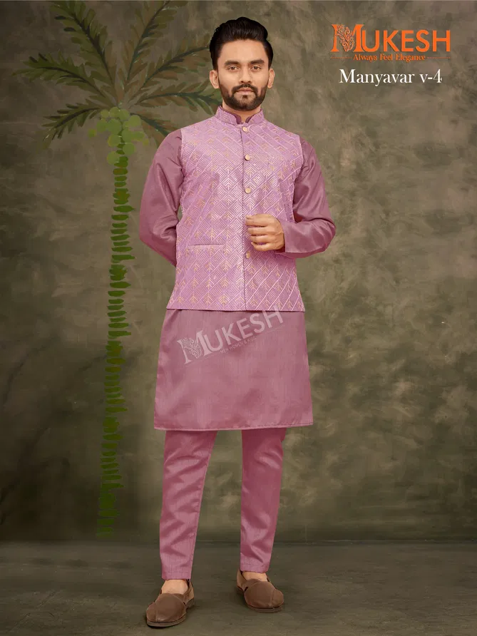 Manyavar Vol 4 By Mukesh Banglori Silk Modi Jacket Kurta Pajama Wholesale Online